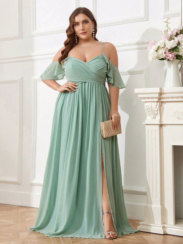 Belle Plus Size Chiffon Bridesmaid Dress With Shoulder Cut - Out - SmartBuyApparel - Women Plus Bridesmaid Dresses