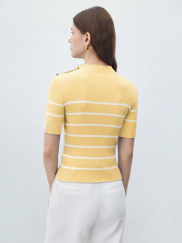 BIZwear Casual Women Stand Collar Striped Knit Short Sleeve Top - SmartBuyApparel - Women Knit Tops