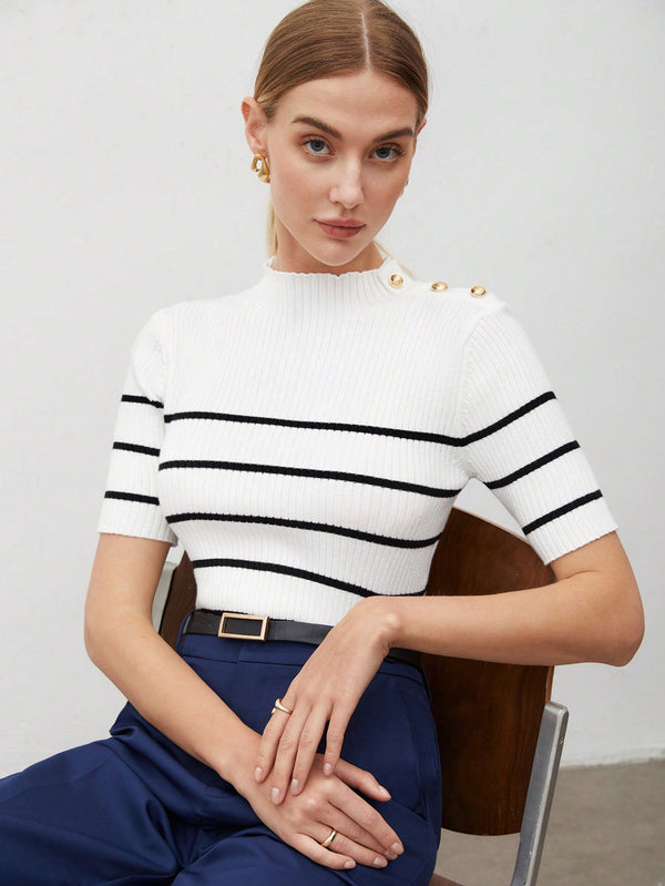 BIZwear Casual Women Stand Collar Striped Knit Short Sleeve Top - SmartBuyApparel - Women Knit Tops