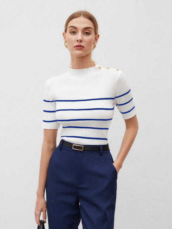 BIZwear Casual Women Stand Collar Striped Knit Short Sleeve Top - SmartBuyApparel - Women Knit Tops