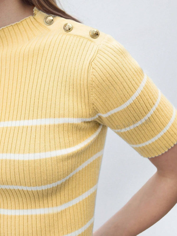 BIZwear Casual Women Stand Collar Striped Knit Short Sleeve Top - SmartBuyApparel - Women Knit Tops