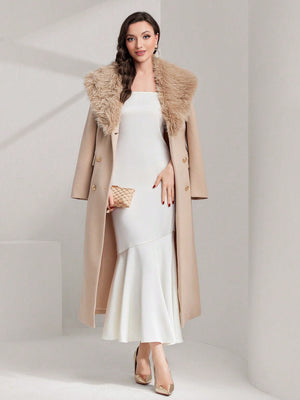 Borg Collar Double Breasted Overcoat - SmartBuyApparel - Women Overcoats