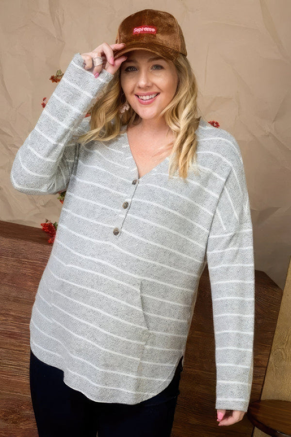 Brushed Hacci Two - Tone Stripe Plus - Size Top - Plus - size - SmartBuyApparel