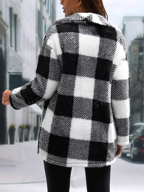 Buffalo Plaid Print Teddy Coat - SmartBuyApparel - Women Coats