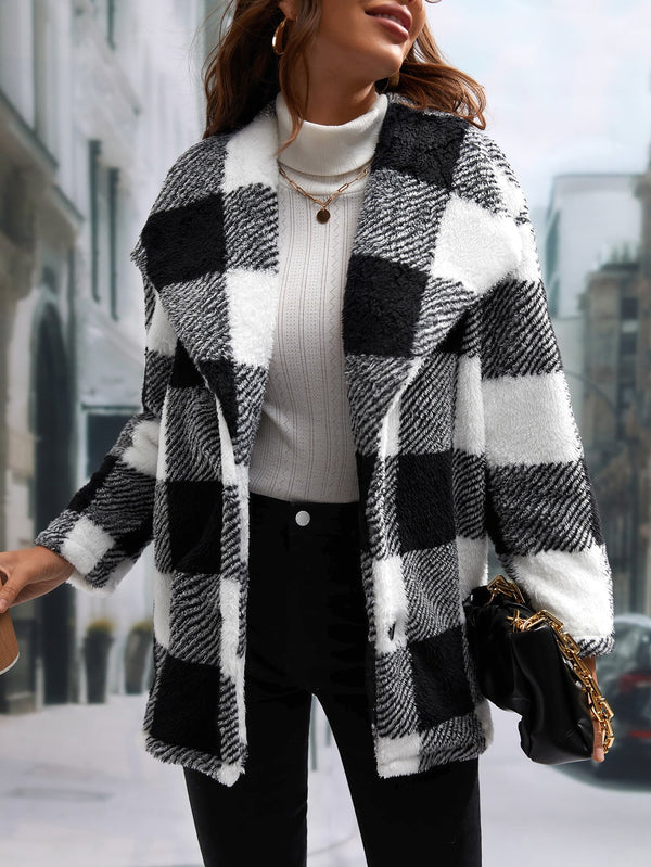 Buffalo Plaid Print Teddy Coat - SmartBuyApparel - Women Coats