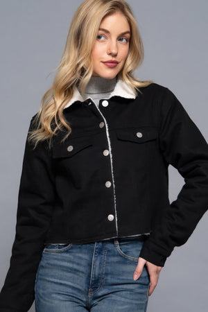 Button Closure Sherpa - lined Twill Jacket - Women's jacket - SmartBuyApparel