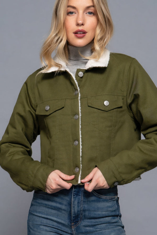 Button Closure Sherpa - lined Twill Jacket - Women's jacket - SmartBuyApparel