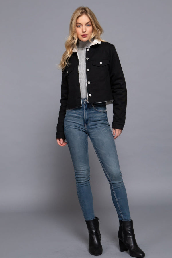 Button Closure Sherpa - lined Twill Jacket - Women's jacket - SmartBuyApparel