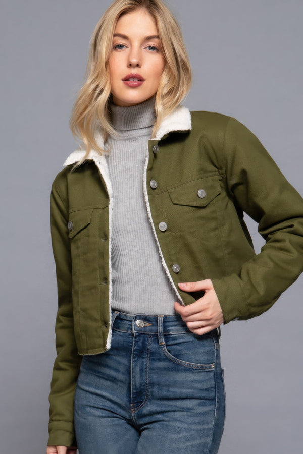 Button Closure Sherpa - lined Twill Jacket - Women's jacket - SmartBuyApparel