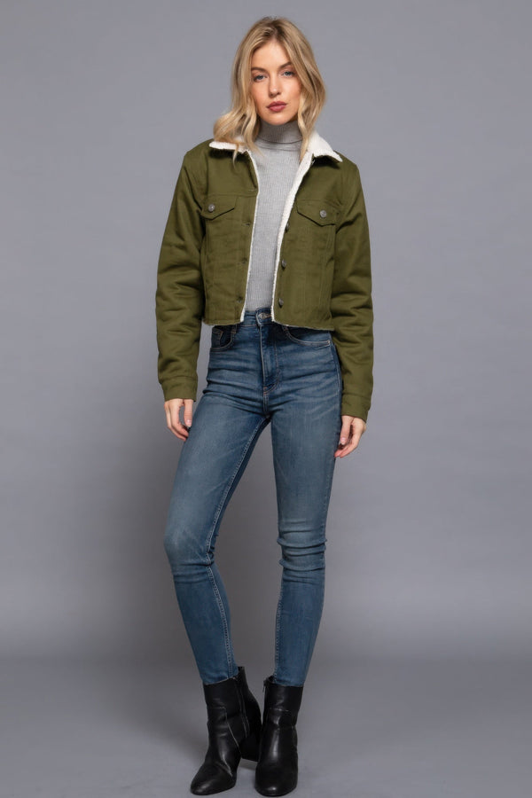 Button Closure Sherpa - lined Twill Jacket - Women's jacket - SmartBuyApparel