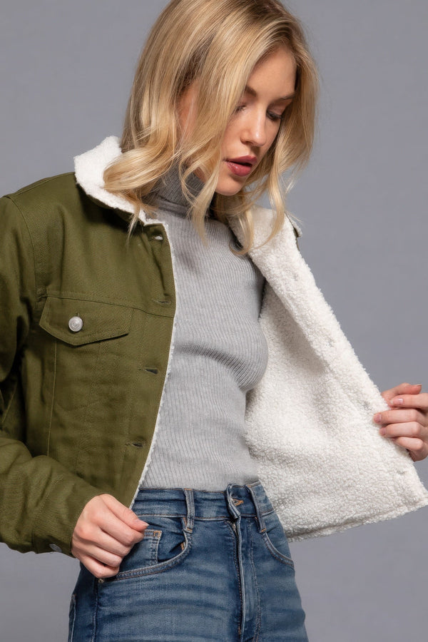 Button Closure Sherpa - lined Twill Jacket - Women's jacket - SmartBuyApparel