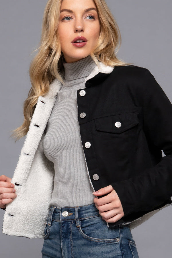 Button Closure Sherpa - lined Twill Jacket - Women's jacket - SmartBuyApparel