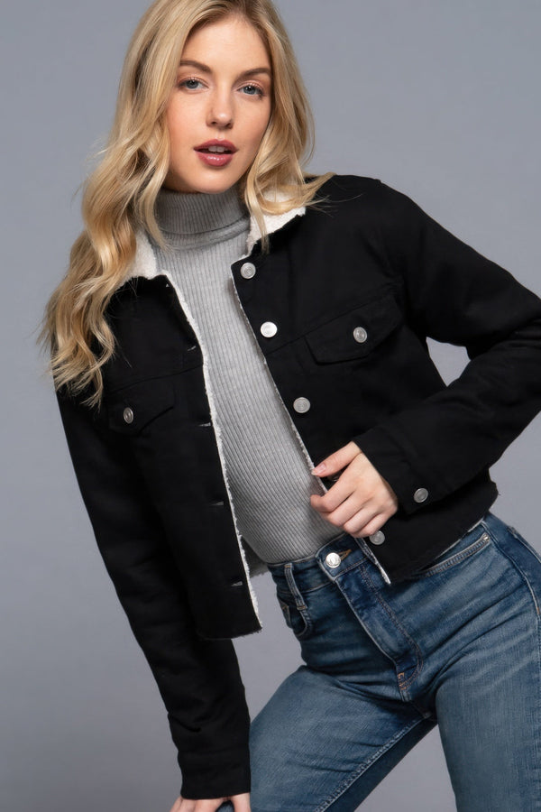 Button Closure Sherpa - lined Twill Jacket - Women's jacket - SmartBuyApparel