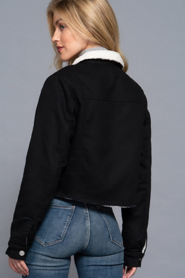 Button Closure Sherpa - lined Twill Jacket - Women's jacket - SmartBuyApparel