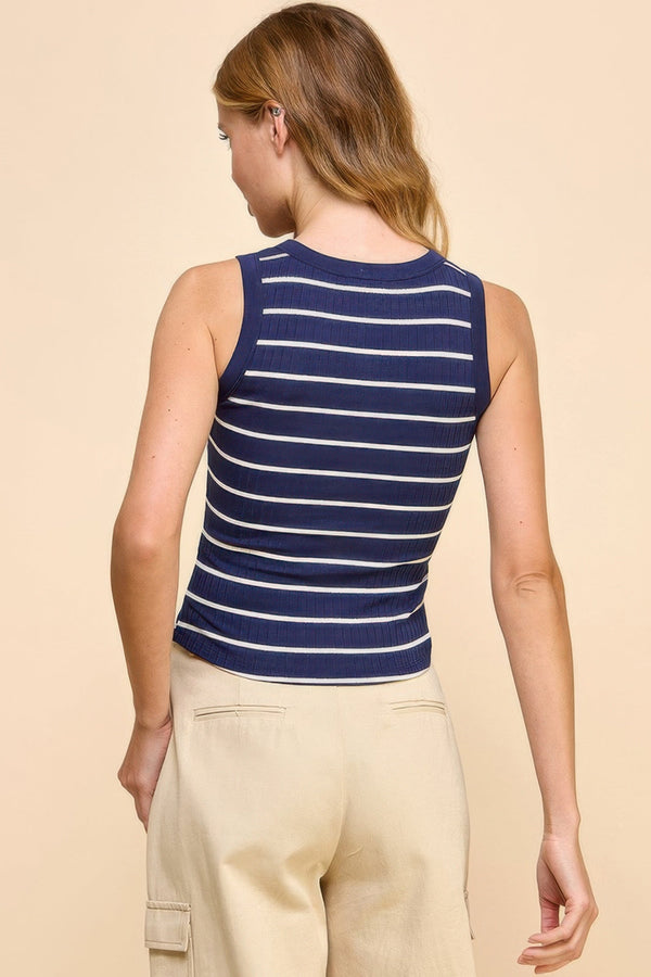 Button Detail Contrast Binding Stripe Tank Top - | SmartBuyApparel
