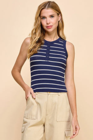 Button Detail Contrast Binding Stripe Tank Top - | SmartBuyApparel