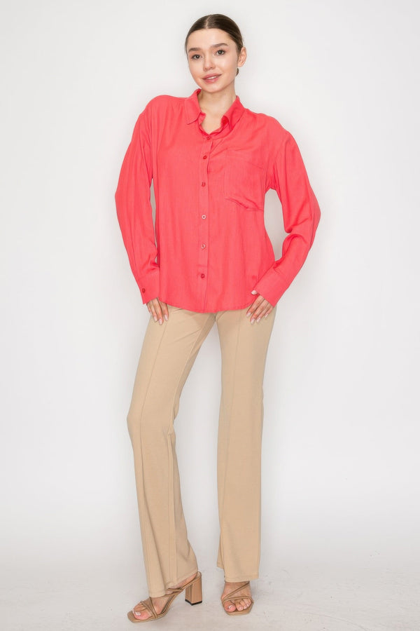 Button - Down Collared Linen Shirt - Women's shirt - SmartBuyApparel