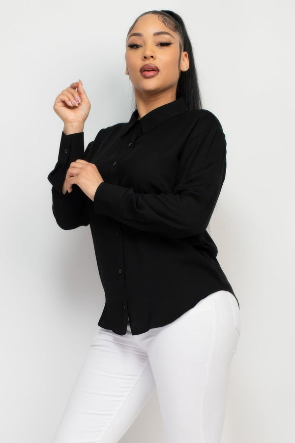 Button - Down Collared Linen Shirt - Women's shirt - SmartBuyApparel