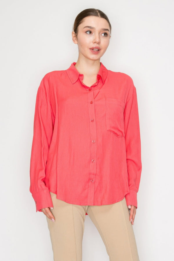 Button - Down Collared Linen Shirt - Women's shirt - SmartBuyApparel
