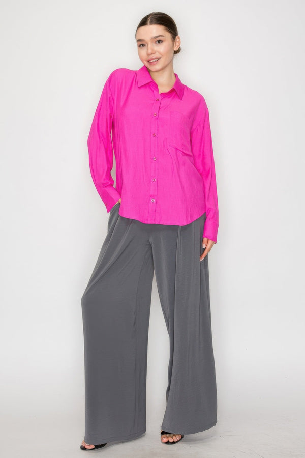 Button - Down Collared Linen Shirt - Women's shirt - SmartBuyApparel