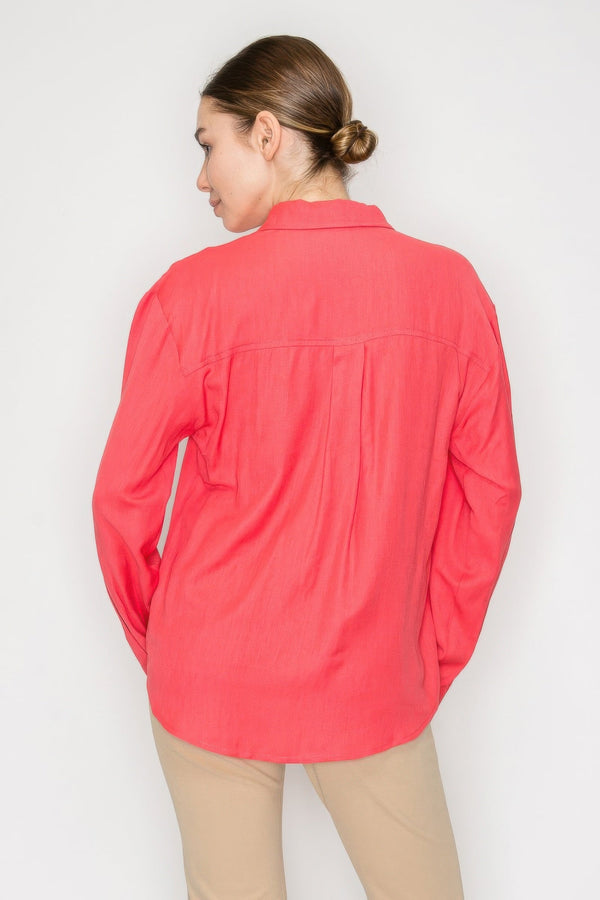 Button - Down Collared Linen Shirt - Women's shirt - SmartBuyApparel