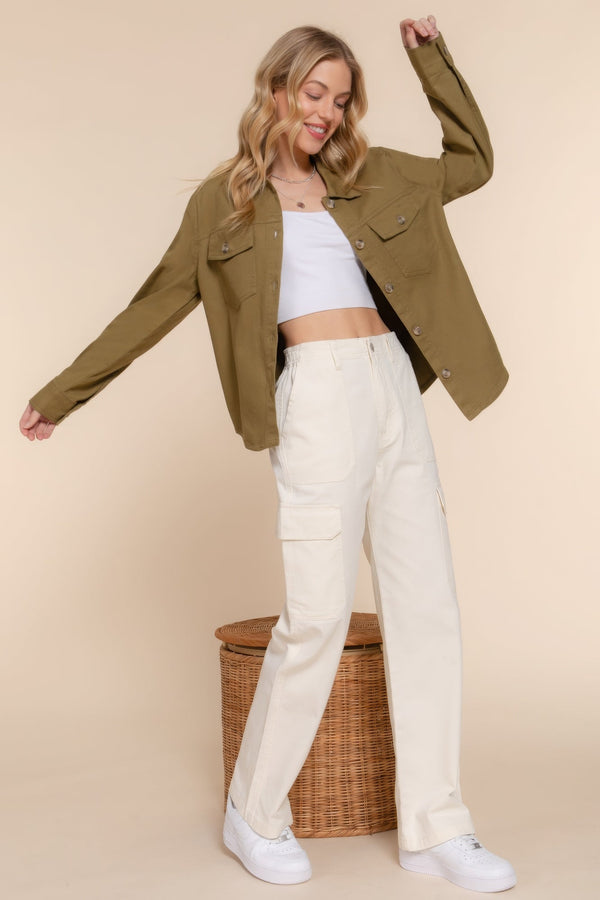 Button Down Cotton Denim Shacket - women's shirt - SmartBuyApparel