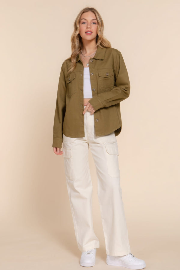 Button Down Cotton Denim Shacket - women's shirt - SmartBuyApparel