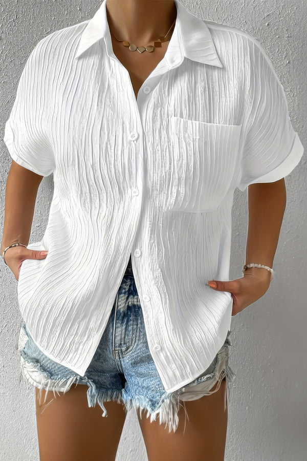 Button Down Lapel Pockets Loose Solid Shirt - | SmartBuyApparel