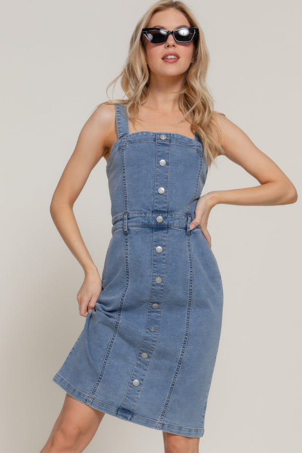 Button Down Placket Stretch Denim Dress - Dress - SmartBuyApparel