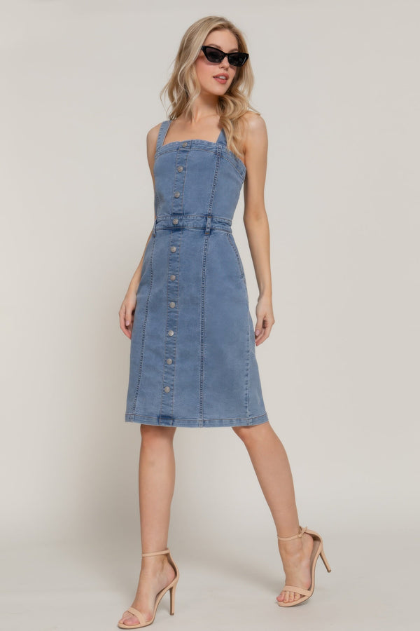 Button Down Placket Stretch Denim Dress - Dress - SmartBuyApparel