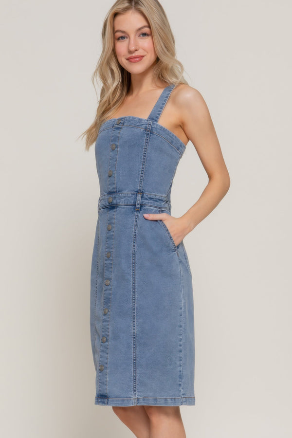 Button Down Placket Stretch Denim Dress - Dress - SmartBuyApparel
