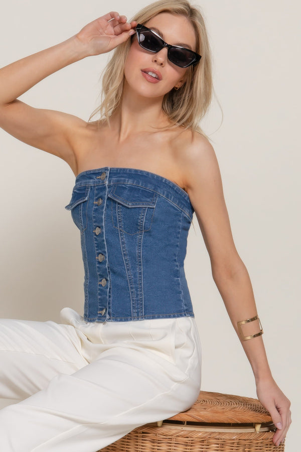 Button Down Placket Stretch Denim Tube Top - | SmartBuyApparel