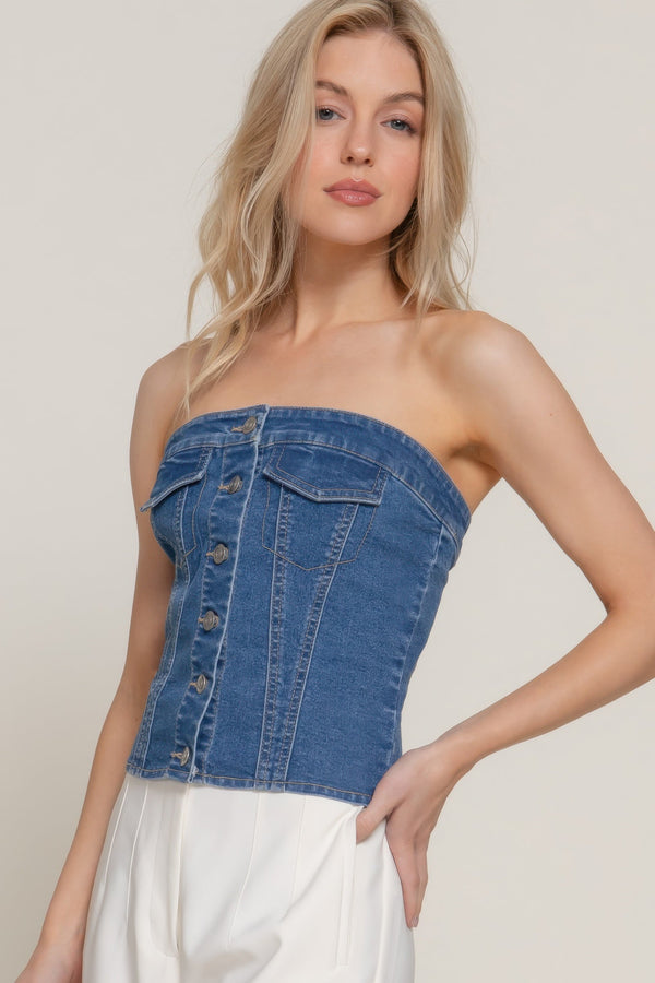 Button Down Placket Stretch Denim Tube Top - | SmartBuyApparel