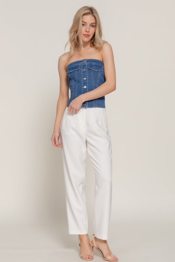Button Down Placket Stretch Denim Tube Top - | SmartBuyApparel
