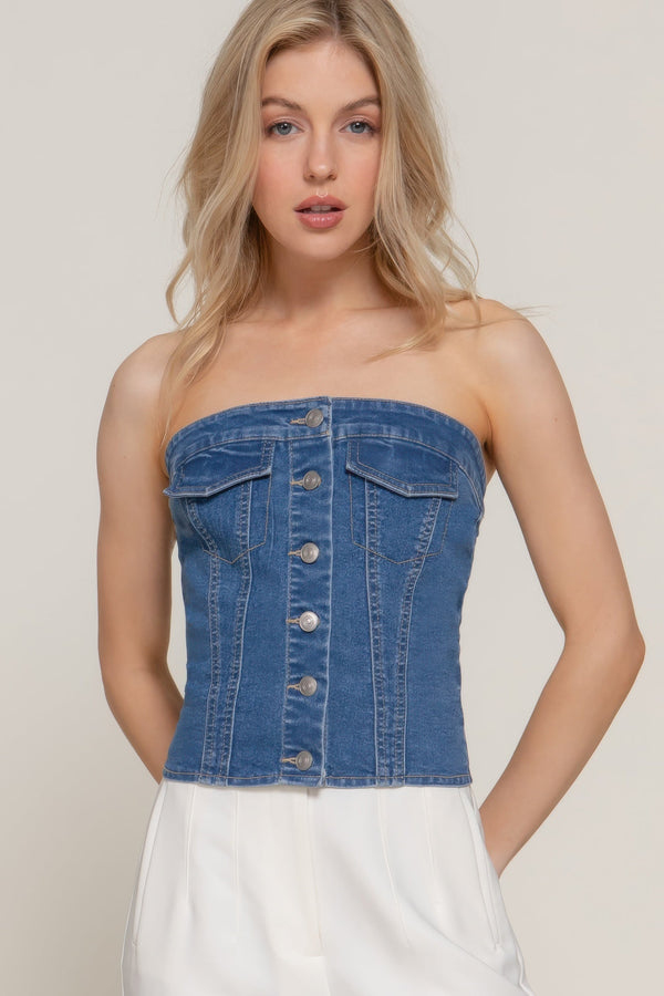 Button Down Placket Stretch Denim Tube Top - | SmartBuyApparel