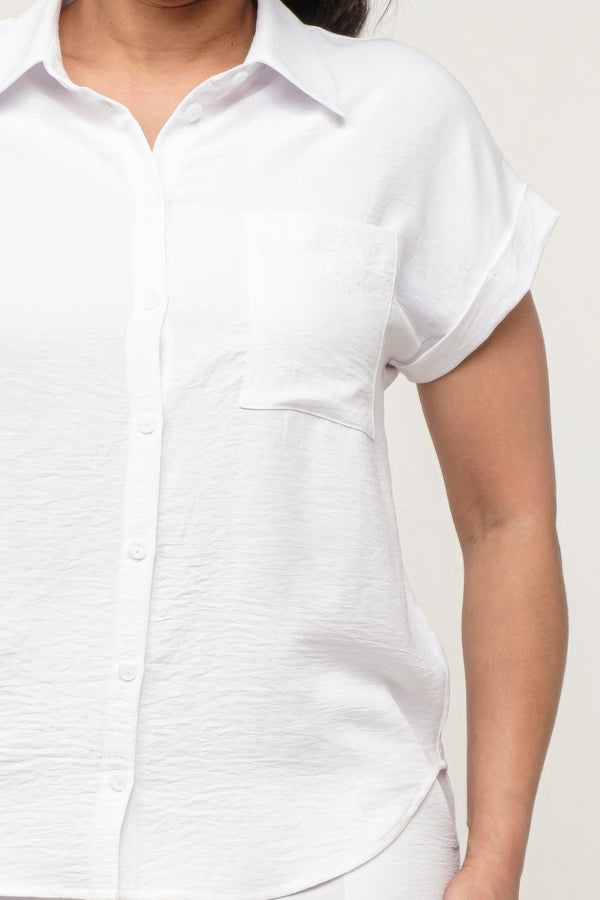 Button Down Pocket Loose Fit Top And Shorts Set - Women's set - SmartBuyApparel