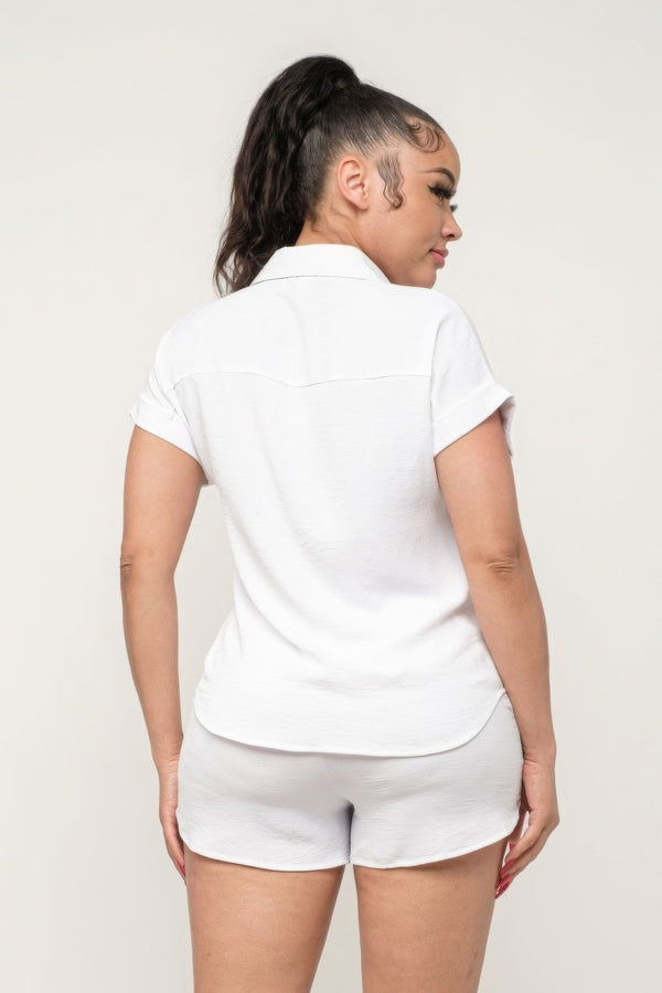 Button Down Pocket Loose Fit Top And Shorts Set - Women's set - SmartBuyApparel