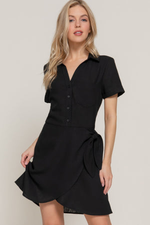 Button Down Side Bow Linen Effect Mini Dress - | SmartBuyApparel