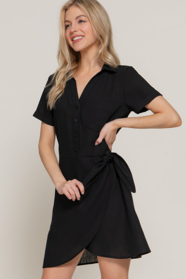 Button Down Side Bow Linen Effect Mini Dress - | SmartBuyApparel