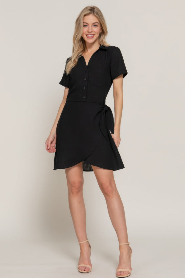 Button Down Side Bow Linen Effect Mini Dress - | SmartBuyApparel