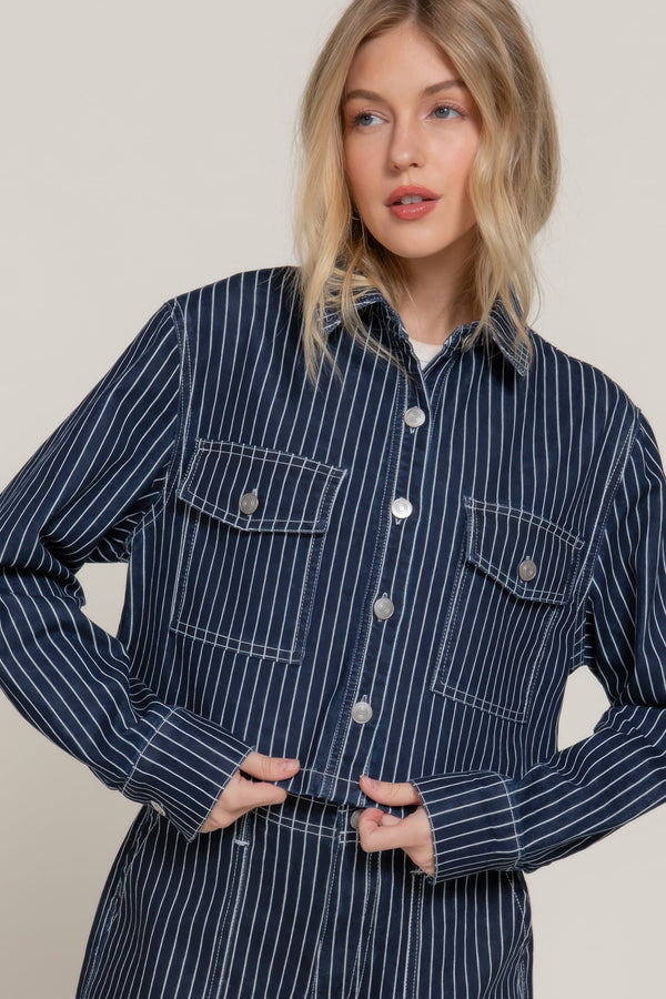 Button Down Stripe Denim Short Jacket - | SmartBuyApparel