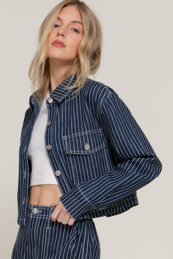 Button Down Stripe Denim Short Jacket - | SmartBuyApparel