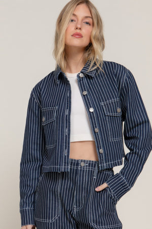 Button Down Stripe Denim Short Jacket - | SmartBuyApparel