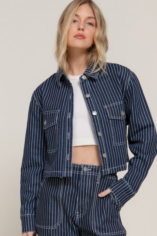 Button Down Stripe Denim Short Jacket - | SmartBuyApparel