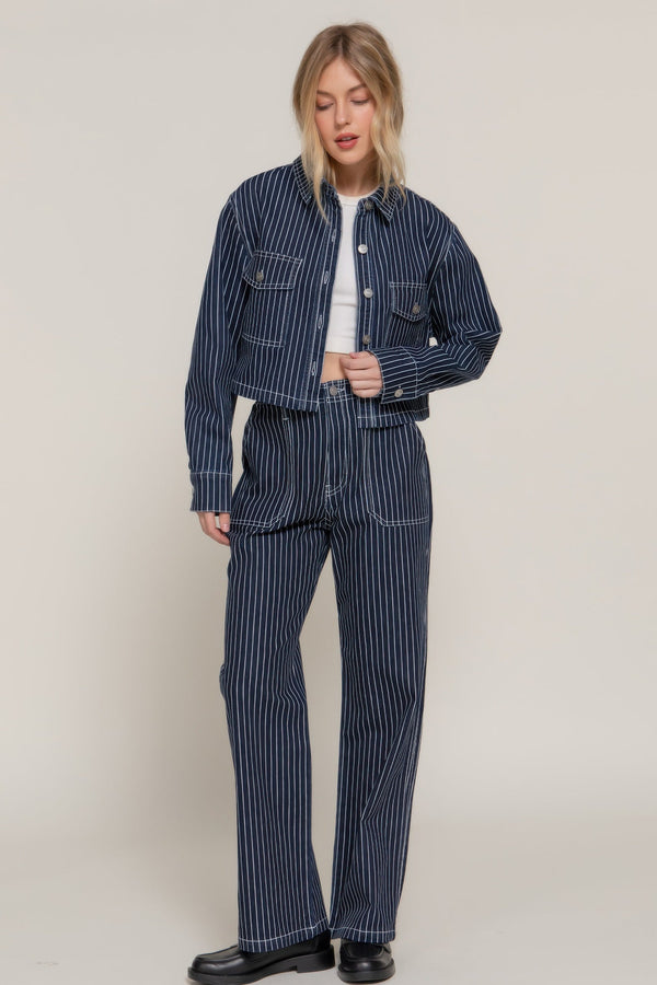 Button Down Stripe Denim Short Jacket - | SmartBuyApparel