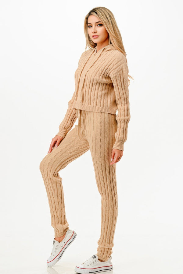 Cable Hoodie Sweater 2pcs Set - Set - SmartBuyApparel