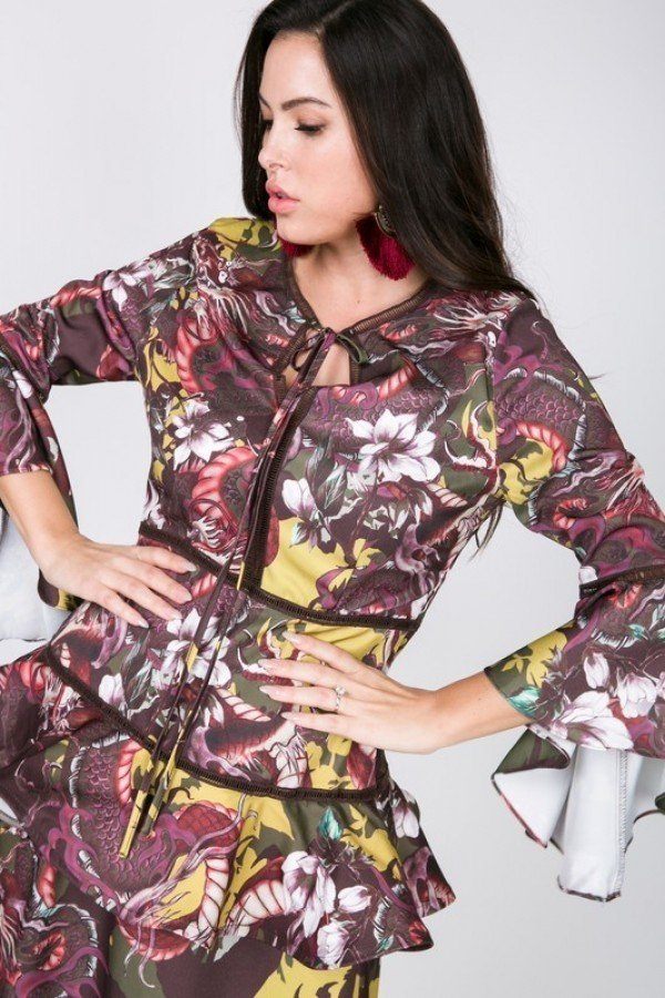 Cascade Ruffle Sleeve Frill Tiered Bottom Print Midi Dress - Dress - SmartBuyApparel