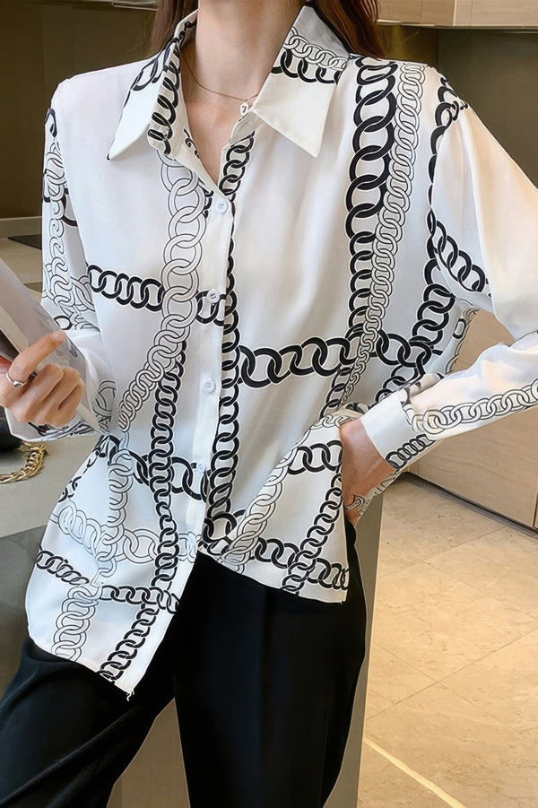 Chain Print Drop Shoulder Loose Fit Blouse - | SmartBuyApparel