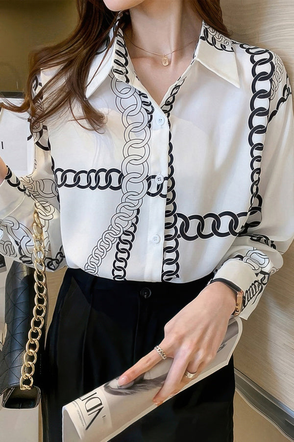 Chain Print Drop Shoulder Loose Fit Blouse - | SmartBuyApparel