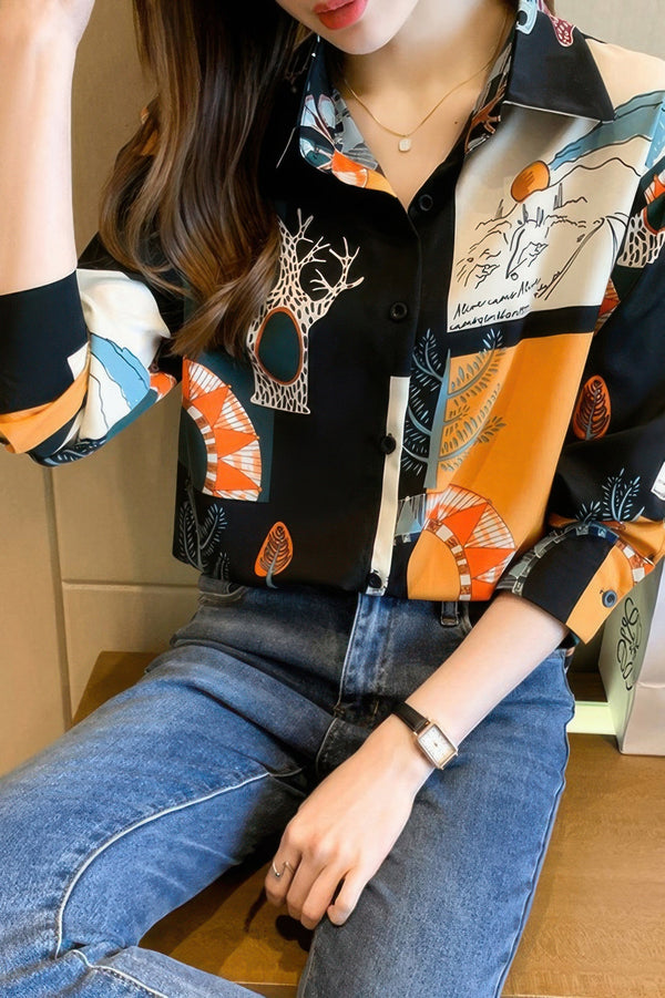 Chain Print Drop Shoulder Loose Fit Blouse - | SmartBuyApparel